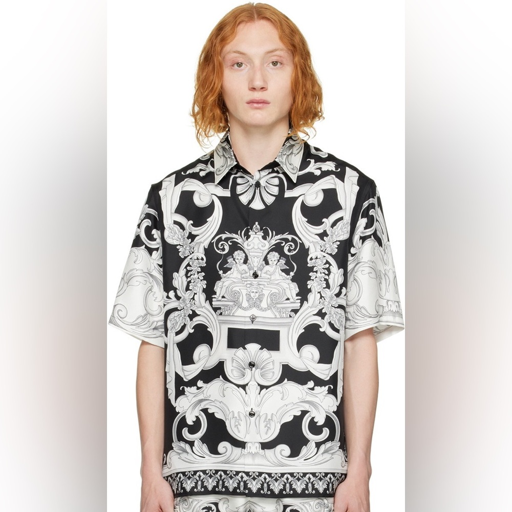Versace Black and White Casual Button Down Shirt with Ornate Design